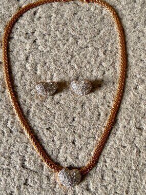 Gold Tone Heart Necklace & matching Crystal Heart Clip Earrings Set